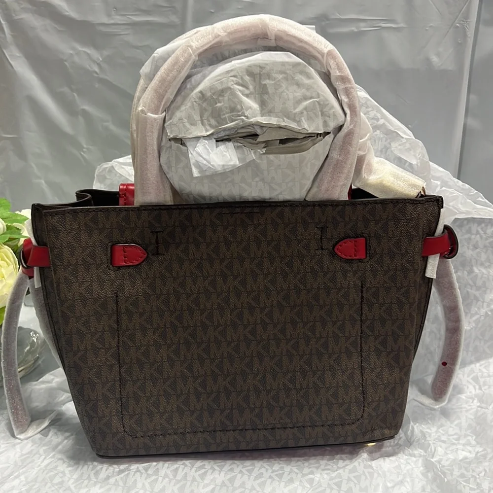 NWT - Michael Kors Hamilton Legacy Sm Logo Belted Satchel, Crimson/Brown - Picture 6 of 11